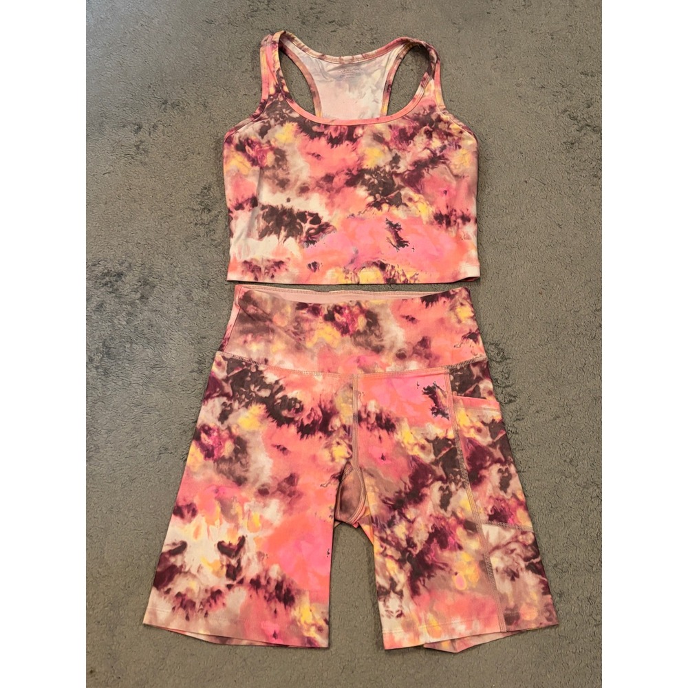 Calvin Klein Performance Tie Dye Sports Bra and Biker Shorts Set Pink Orange S